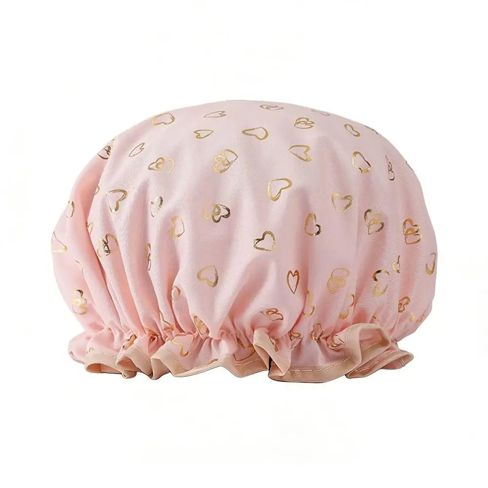 Waterproof Double-Layer Shower Cap – Gold Print Women's Bath Cap Shower Cap PRIMED pink