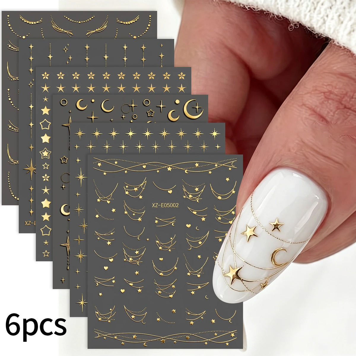 6-Pack Gold Foil Moon Nail Art Stickers – 3D Decals | MAFANAILS