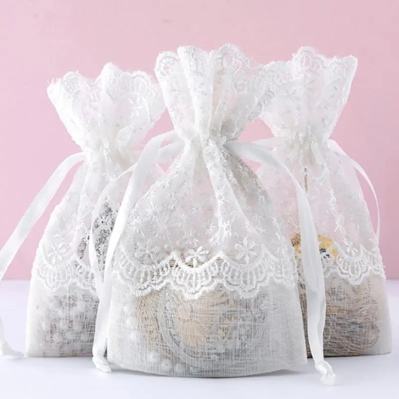 White Gauze Drawstring Gift Bag – Lace Sachet & Jewelry Pouch
