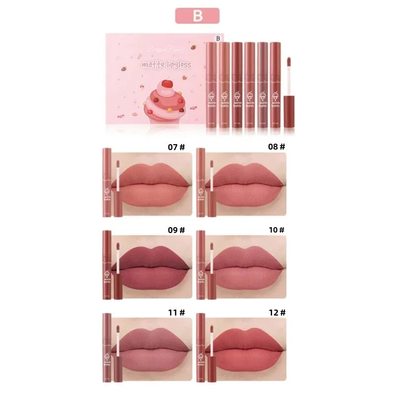Dragon Ranee 6-Color Velvet Matte Lip Gloss Set | Long-Lasting Matte Lip Gloss Set PRIMED