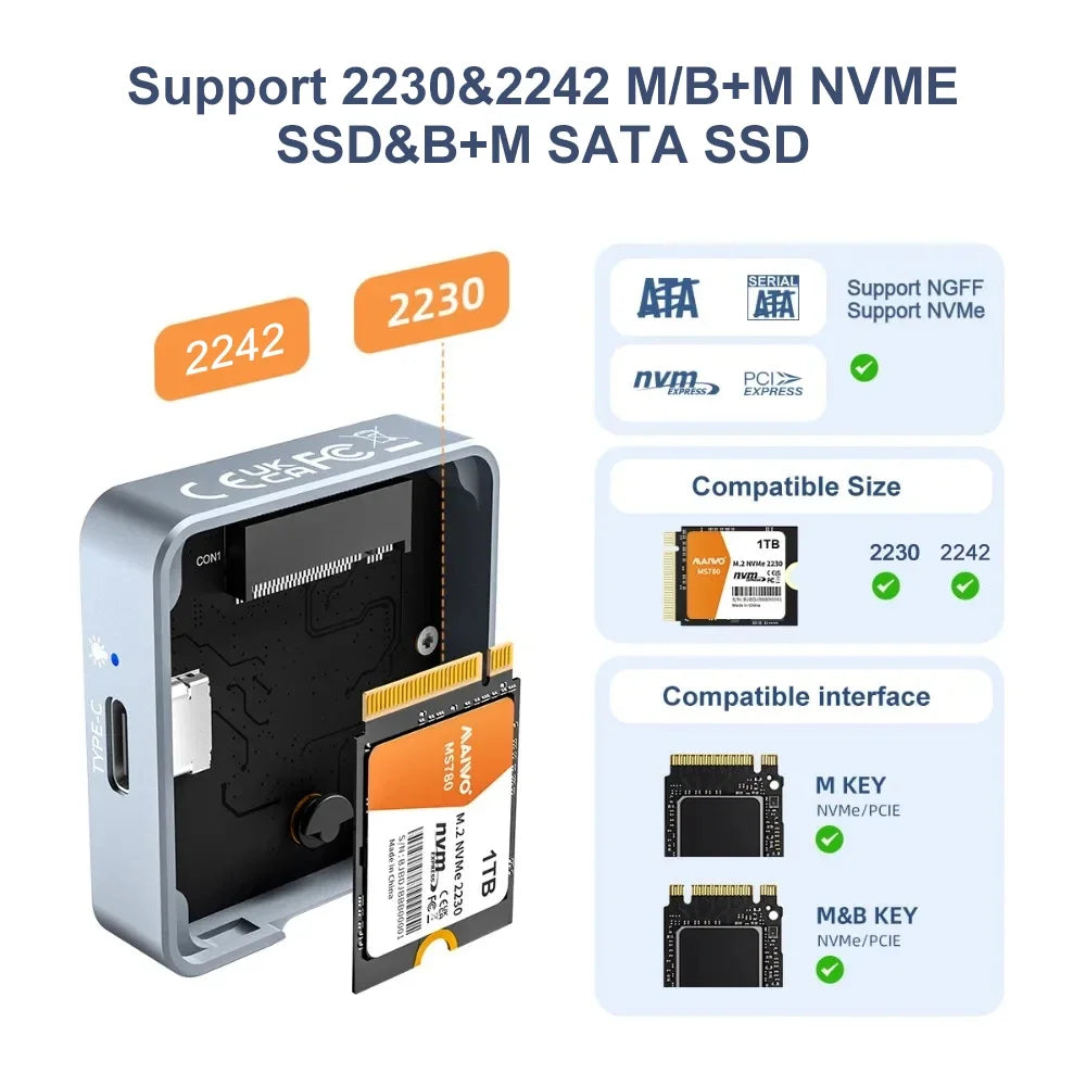 MAIWO M.2 2230/2242 NVMe SATA SSD Enclosure USB 3.2 Gen2 10Gbps SSD Enclosure PRIMED