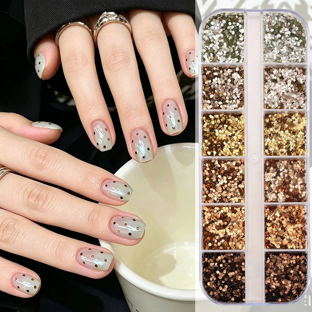 12-Grid Nail Glitter Sequins – Caramel Amber Brown Stars & Dots Nail Art Sequins PRIMED A1