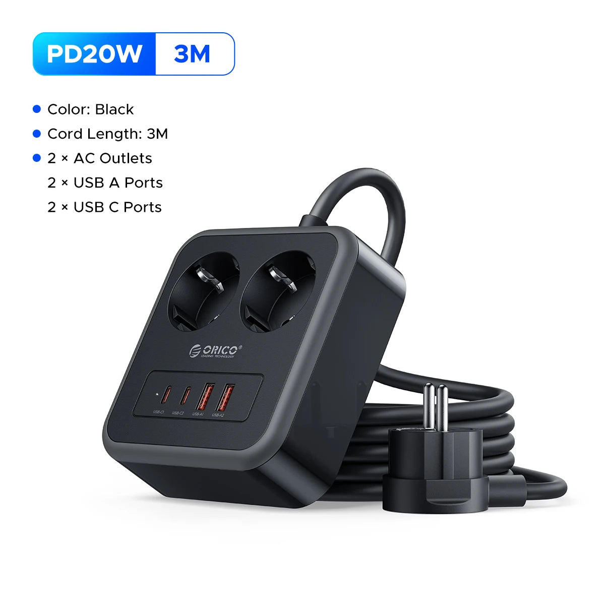 ORICO Desktop Power Strip PD20W USB-C USB-A EU Plug Charging Station Desktop Power Strip PRIMED 3M 2A2U2C Black China Mainland EU Plug