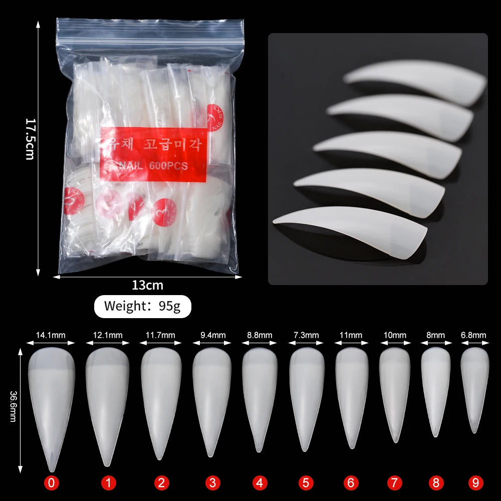 600pcs Stiletto Claw False Nail Tips Clear & Natural | Sizes 0–9