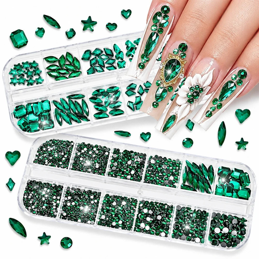 Emerald Green Flatback Nail Crystals – Multi Shape Gem Kit 2-Box