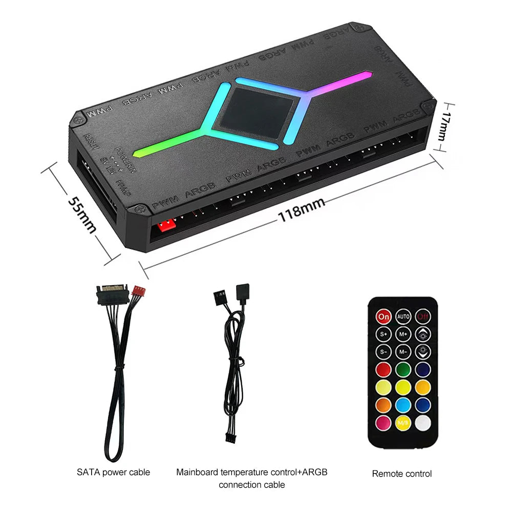 3-in-1 ARGB PWM Fan Hub 1 to 9 Ports – 5V 3-Pin & 4-Pin PC PC Fan Hub Controller PRIMED Black