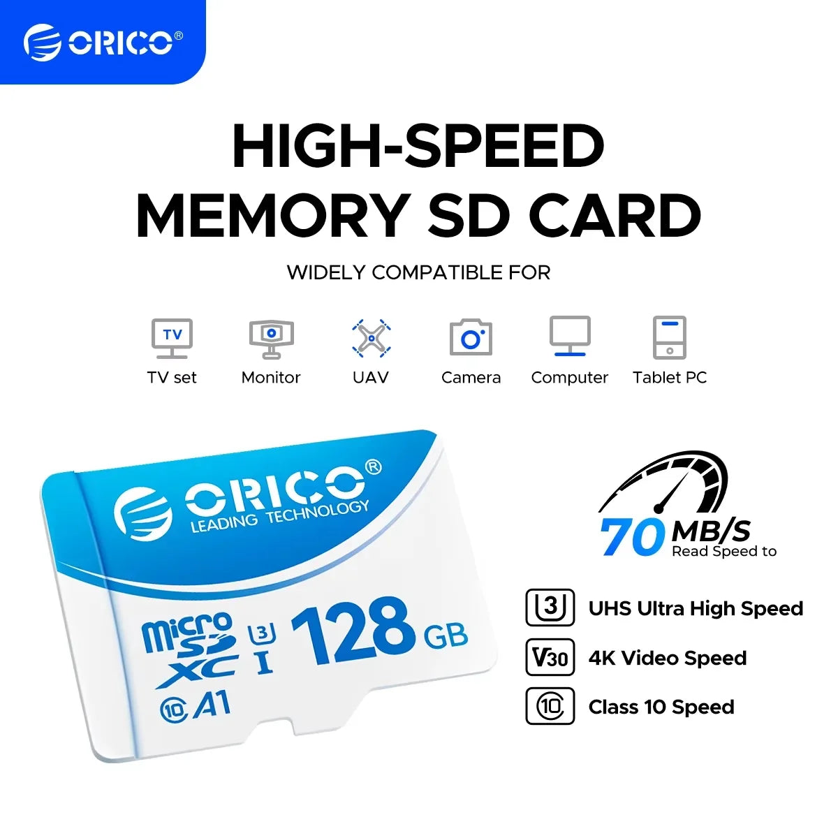 ORICO 128GB microSDXC U3 V30 A1 | 70MB/s 4K UHD Card microSD Memory Card PRIMED