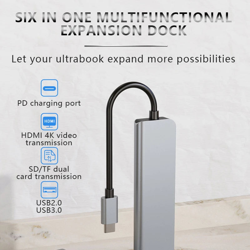 UTHAI 6-in-1 USB-C Hub – 4K HDMI, USB 3.0, SD/TF, PD