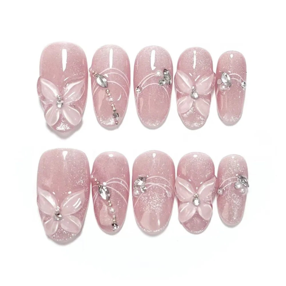 Long Almond Press On Nails – French Aurora Gilding Flower Tips