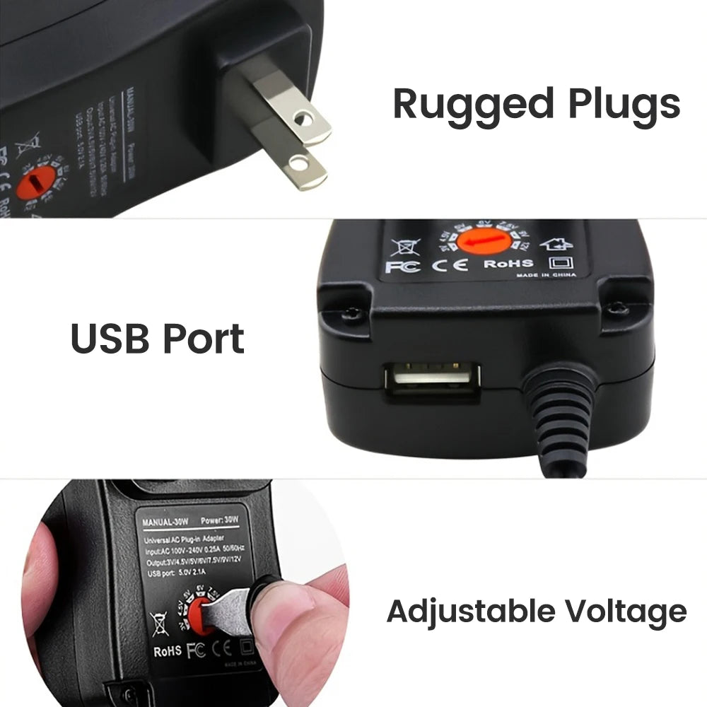 30W Universal Power Adapter Adjustable 3V–12V EU/US Plug Universal Power Adapter PRIMED