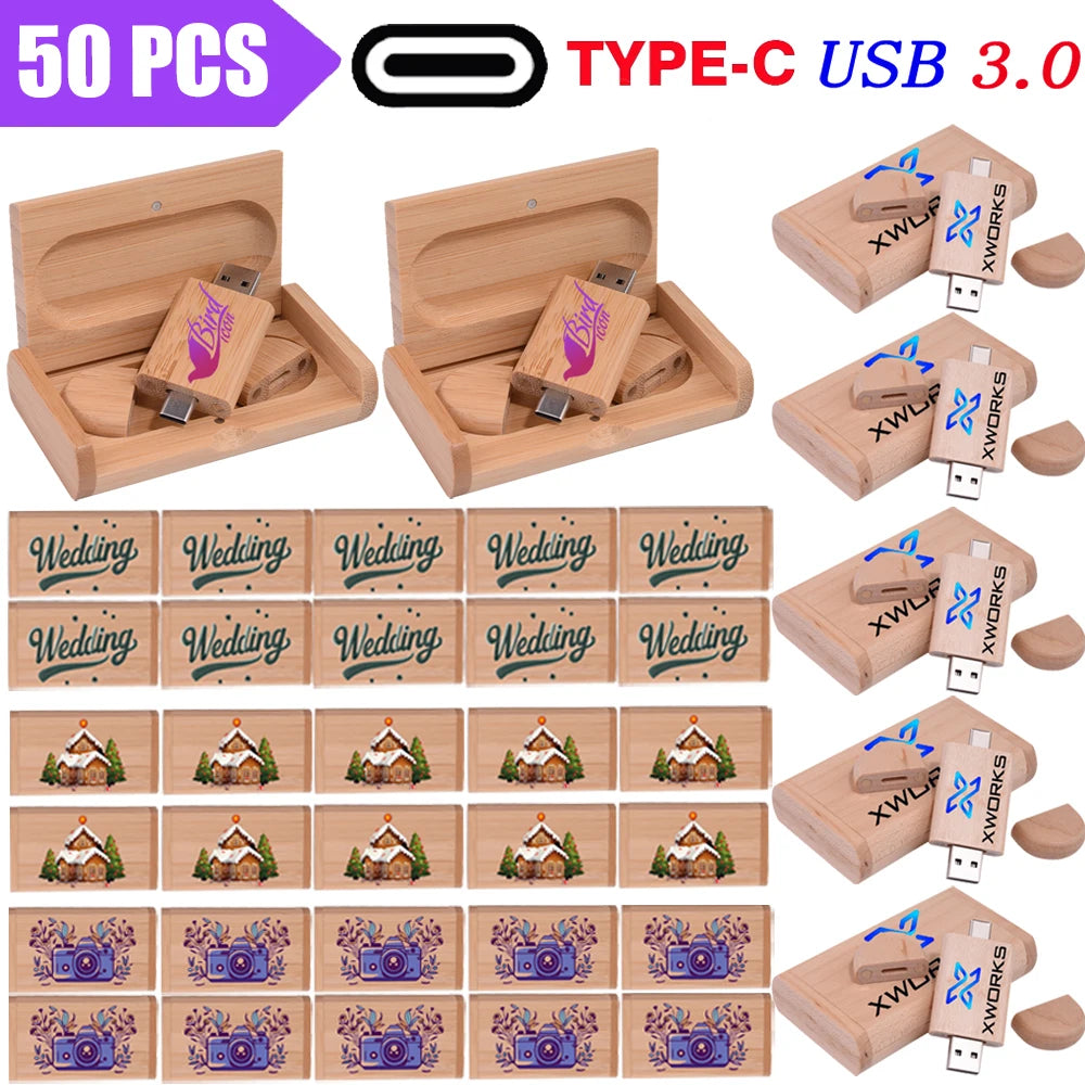 50-Pack Wooden USB 3.0 Type-C Flash Drive | Custom Logo USB Flash Drive PRIMED