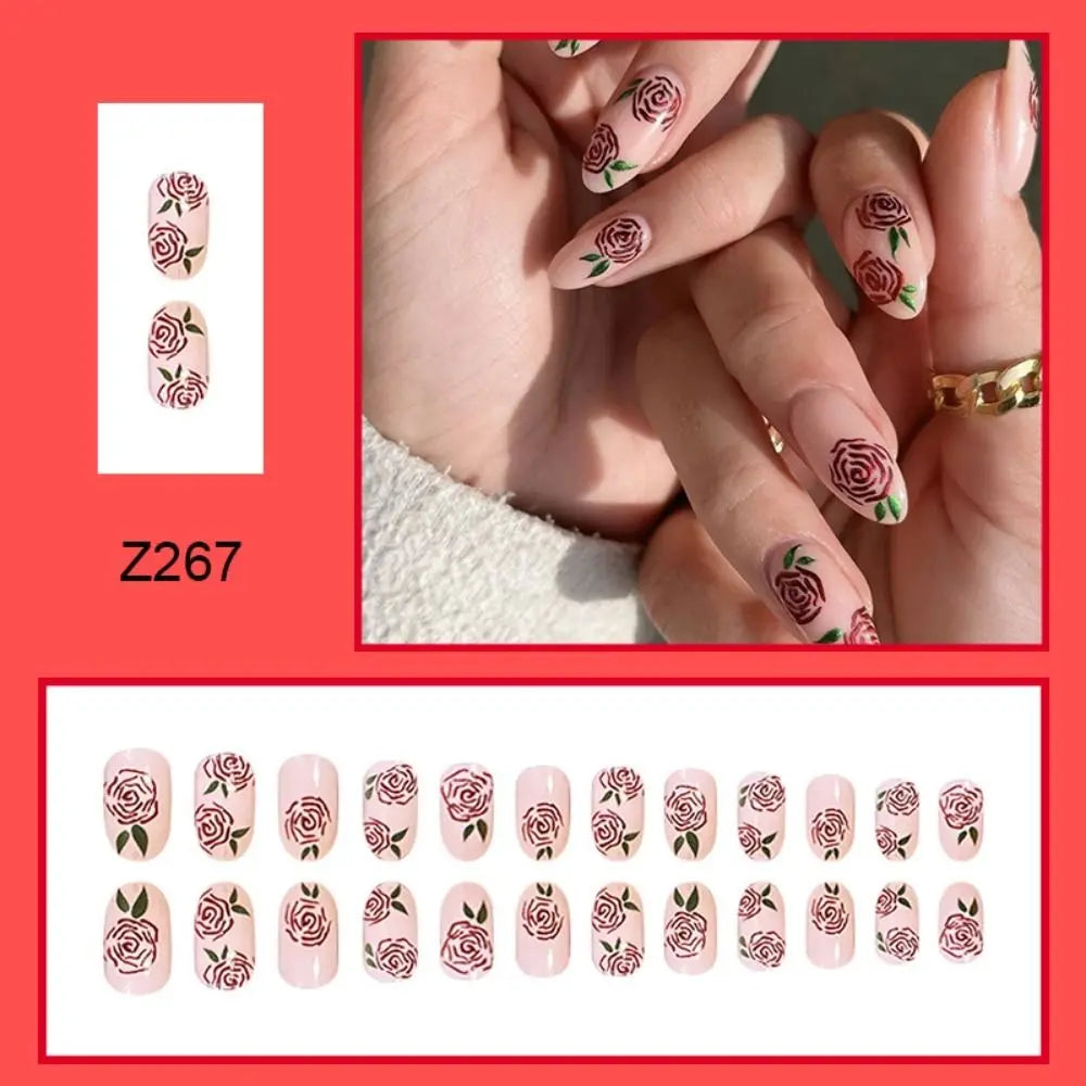 Long Almond Press On Nails Floral Glitter French Tips 24 Pcs