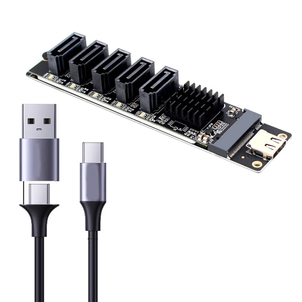 USB-C to 5-Port SATA 3.0 Adapter Card 6Gbps | Plug & Play SATA Expansion Card PRIMED