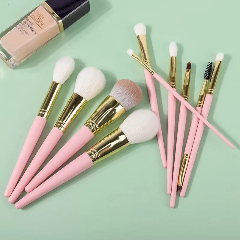 10-Piece Pink Goat Hair Makeup Brush Set with Cosmetic Bag