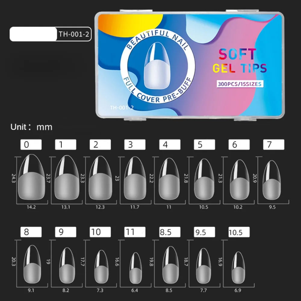300pcs Short Almond Soft Gel Nail Tips | 15 Sizes Full Cover