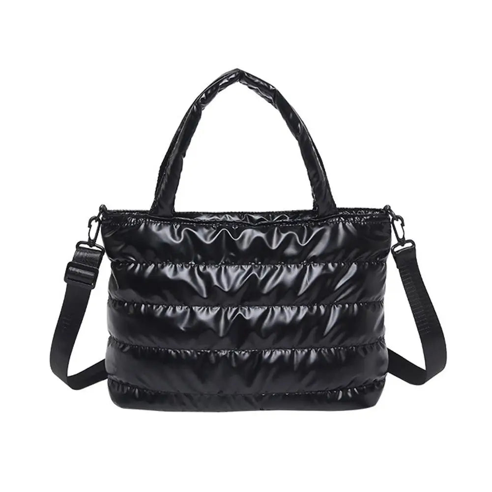 Women's Quilted Puffer Tote Bag – Shiny PU Crossbody Handbag Puffer Tote Bag PRIMED Black