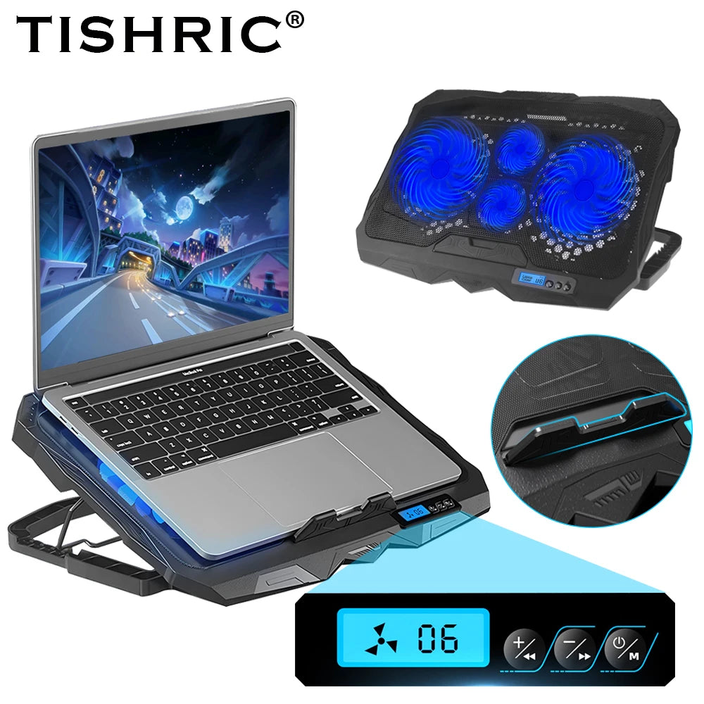 TISHRIC Laptop Cooling Pad 12–17" | 4 Fans, LCD, Dual USB Laptop Cooling Pad PRIMED