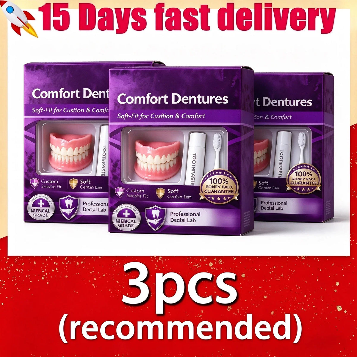 Snap-On Silicone False Teeth | Full Denture Set for Men & Women
