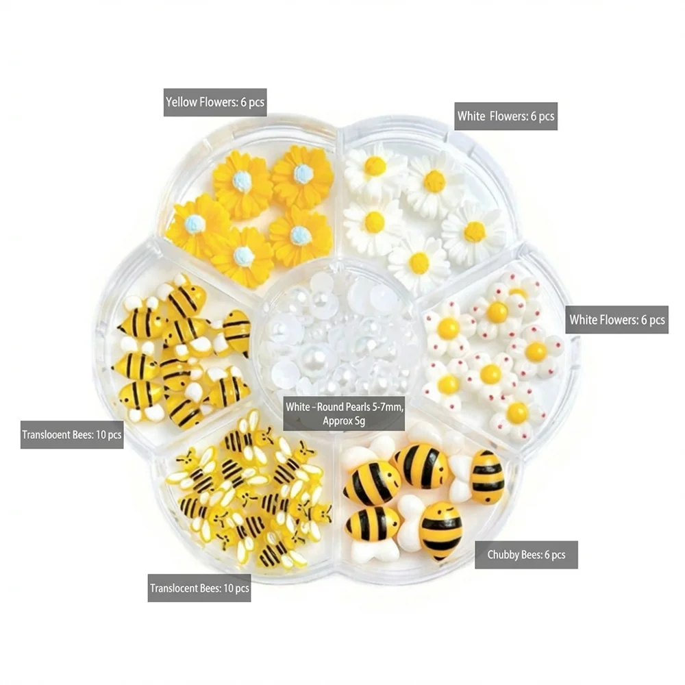 7-Grid Daisy Bee Nail Charms – Spring Flowers & Pearls Set Nail Art Charms PRIMED