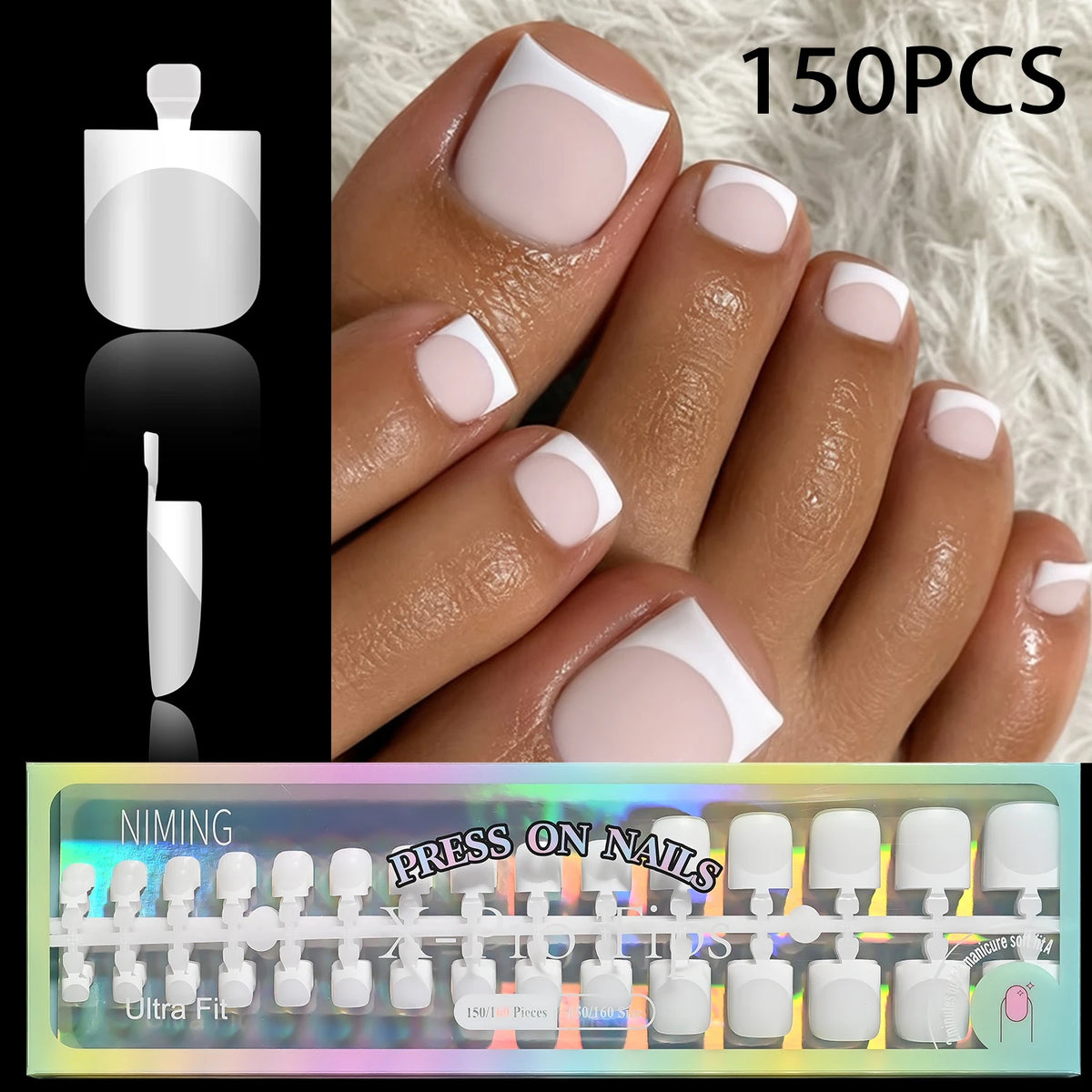150Pcs Press-On Toenails French Square Tips – Grey & White