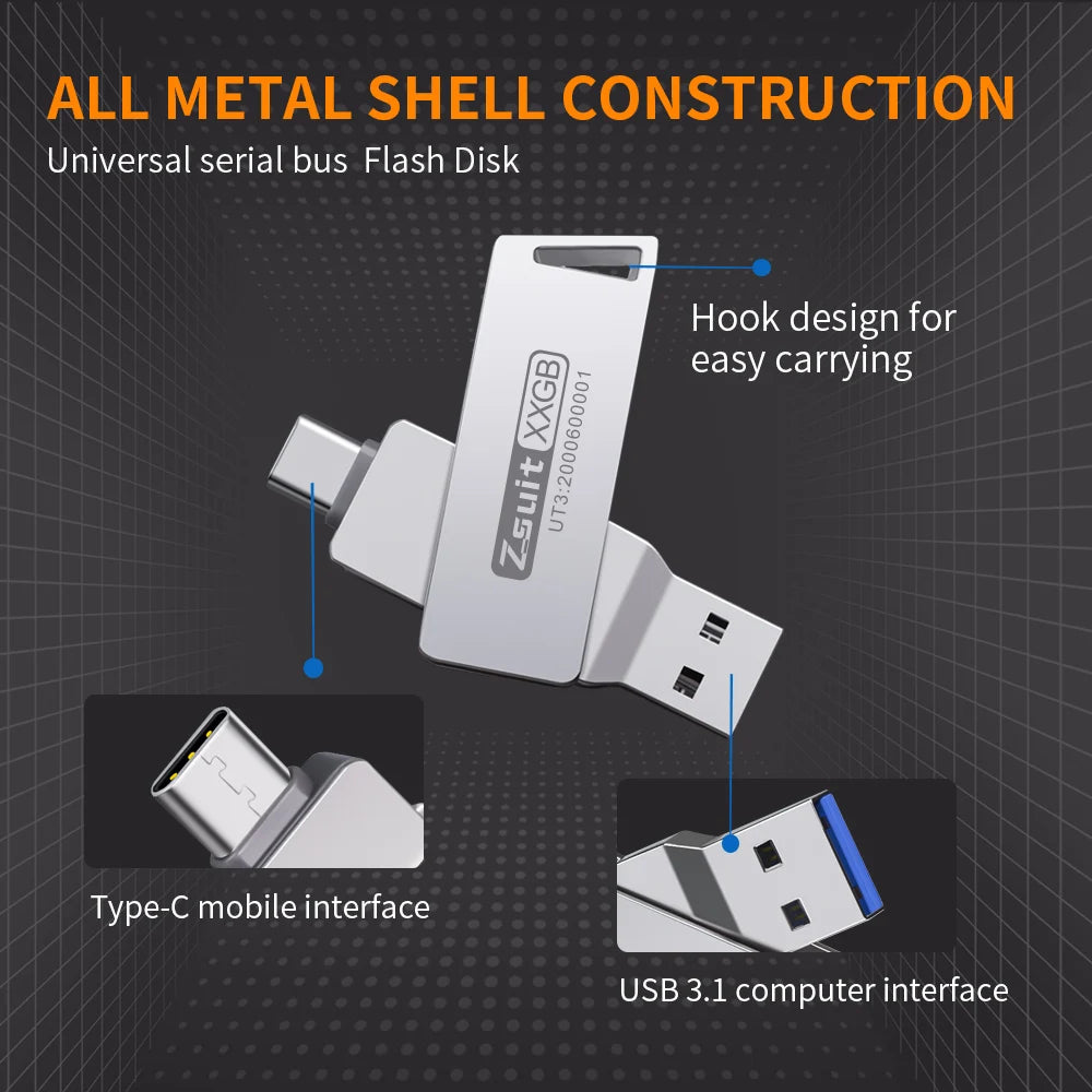 Zsuit 2-in-1 USB-C & USB 3.0 Flash Drive 64GB 128GB Rotate