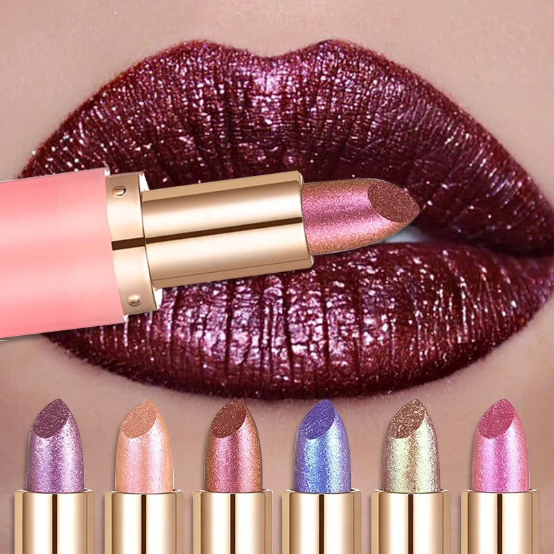 Metallic Chameleon Pearl Lipstick – Waterproof Glitter Lip Gloss Metallic Pearl Lipstick PRIMED