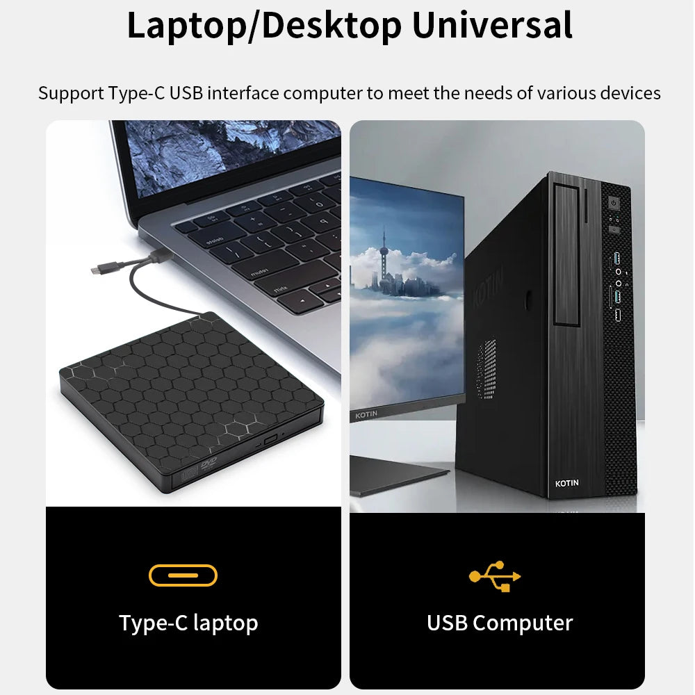 TISHRIC USB External DVD/CD Drive – USB 3.0 & Type-C External Optical Drive PRIMED