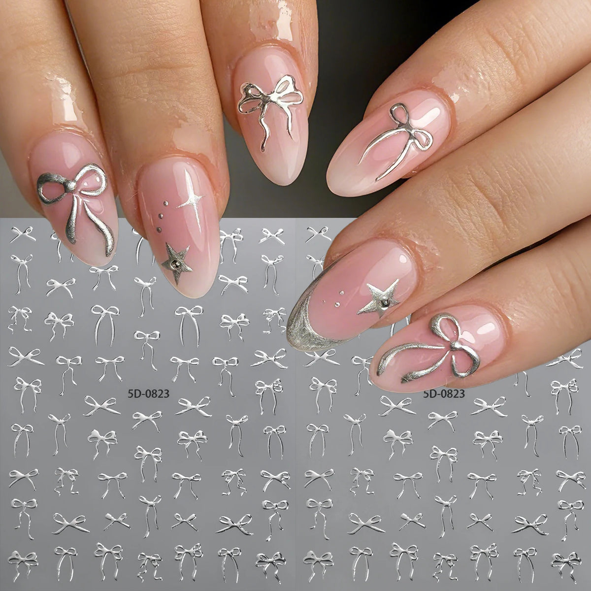 Silver Foil 3D Bow Nail Art Stickers – Ribbon Butterfly Decals