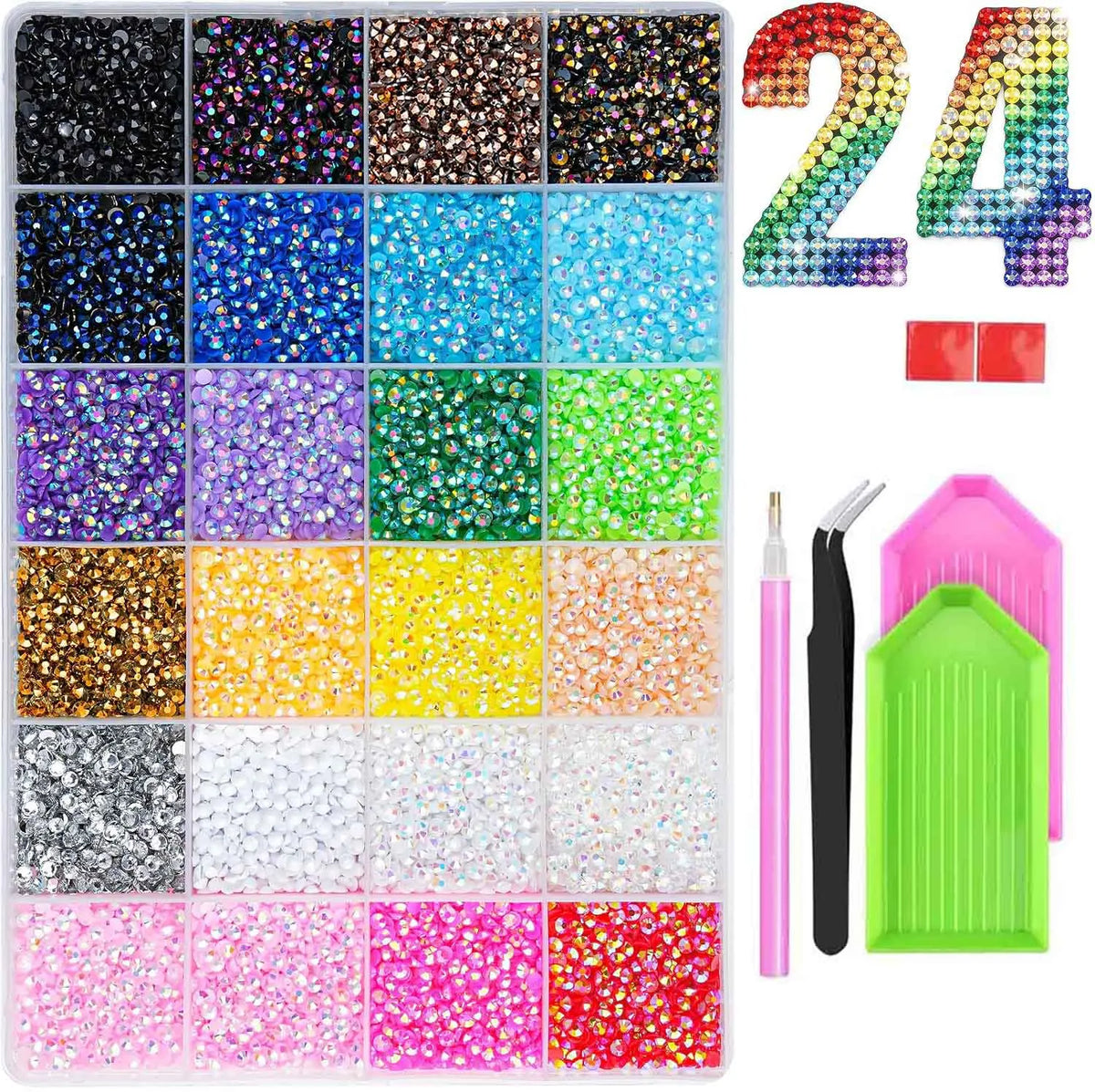 24-Grid AB Jelly Rhinestone Nail Charms – Colorful Flat Bottom Nail Art Rhinestones PRIMED A3