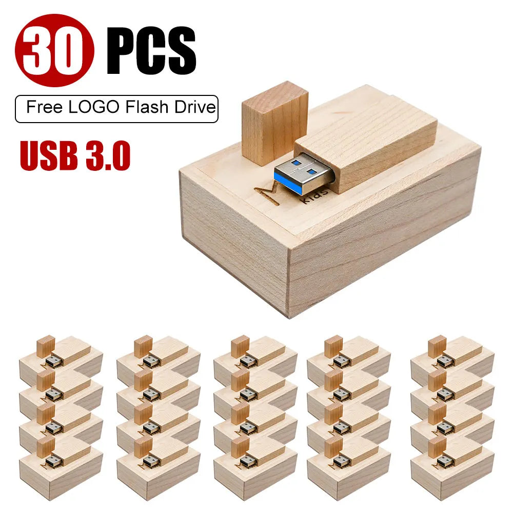 30-Pack Wooden USB 3.0 Flash Drives | Free Custom Logo 4–64GB USB Flash Drive Set PRIMED