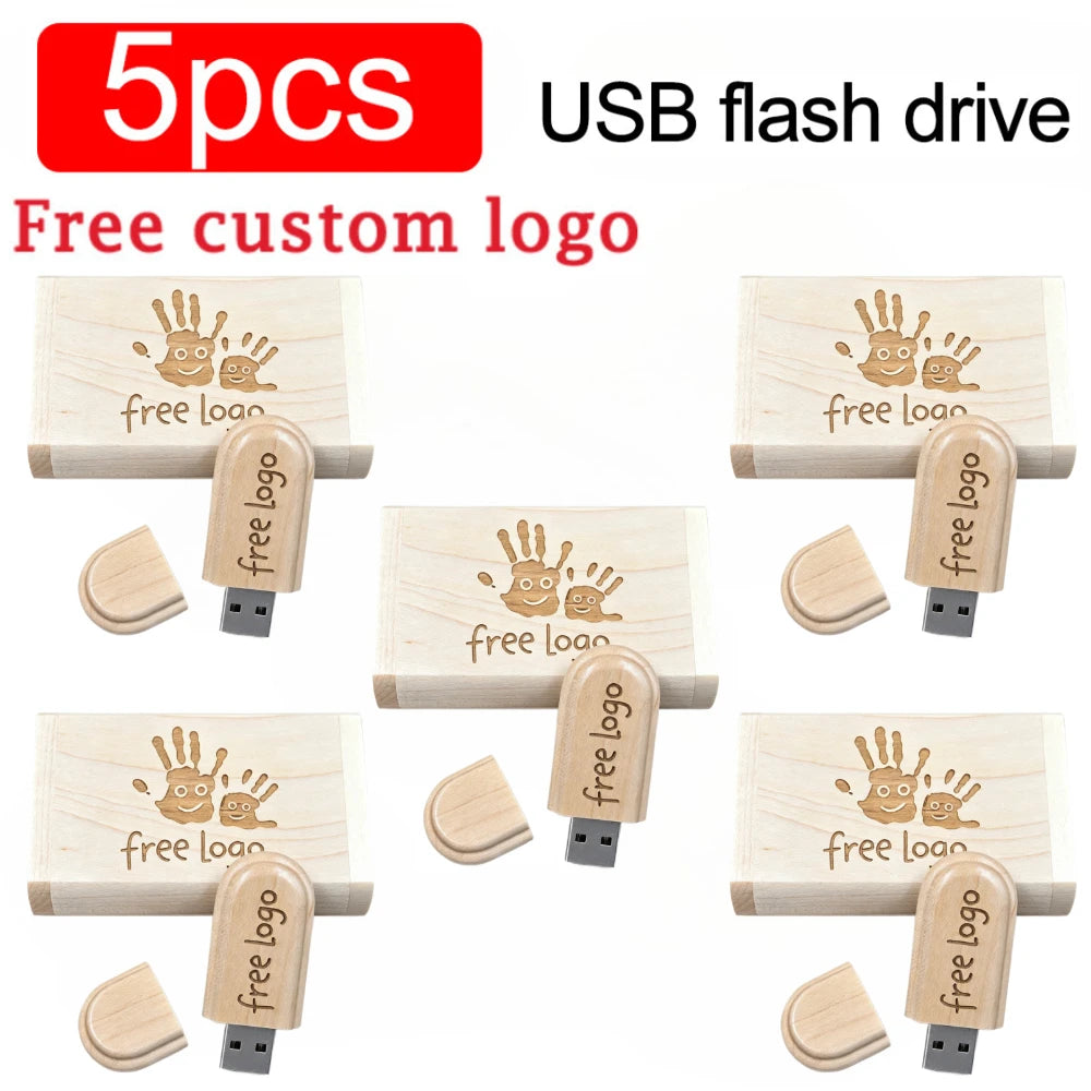 5-Pack Wooden USB Flash Drive 32/64/128GB | Custom Logo Gift USB Flash Drive PRIMED