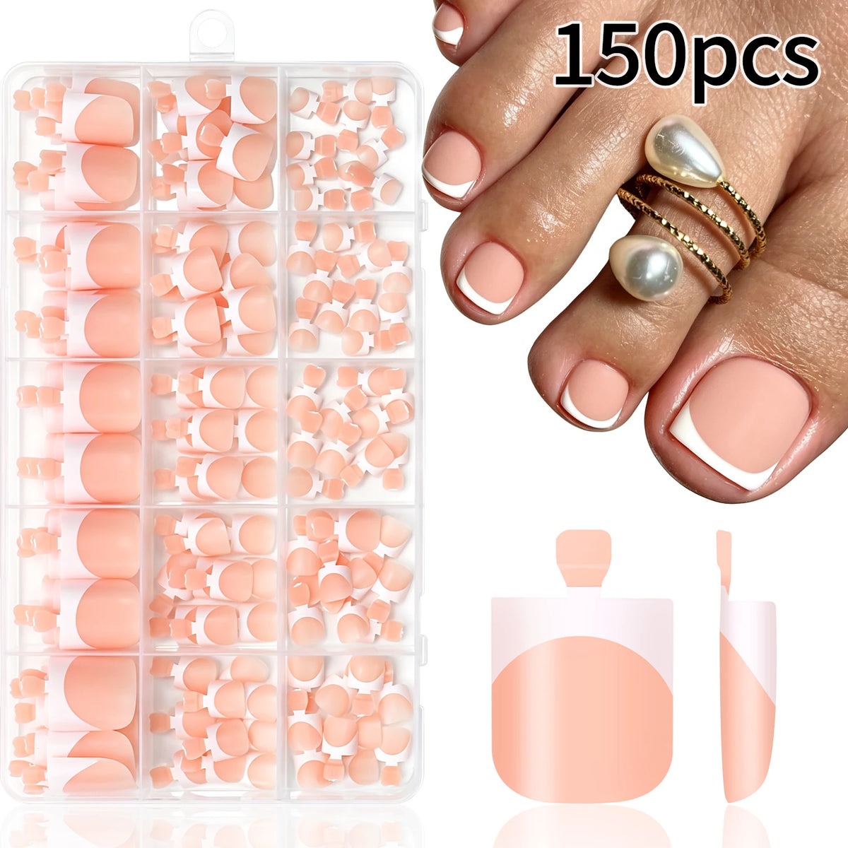 150Pcs Matte Nude Pink French Press-On Toenails Short Square