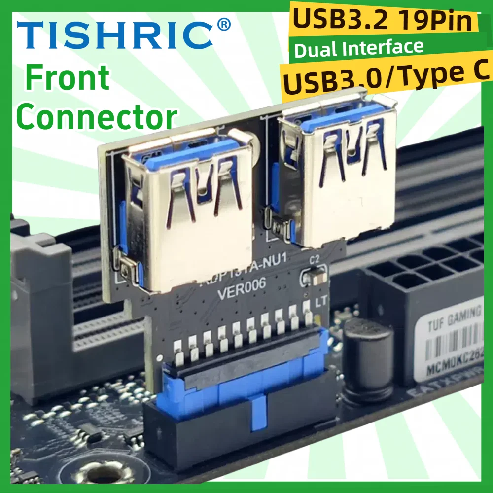 TISHRIC 19-Pin to USB Type-C & Dual USB 3.0 Front Panel Adapter USB Header Adapter PRIMED