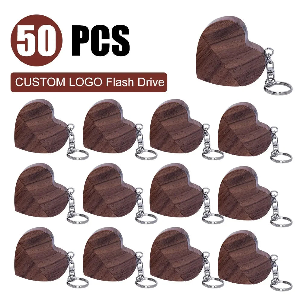 Wooden Heart USB Flash Drive | Custom Logo Wedding Gift 4–64GB USB Flash Drive PRIMED 64 GB Walnut-50pcs