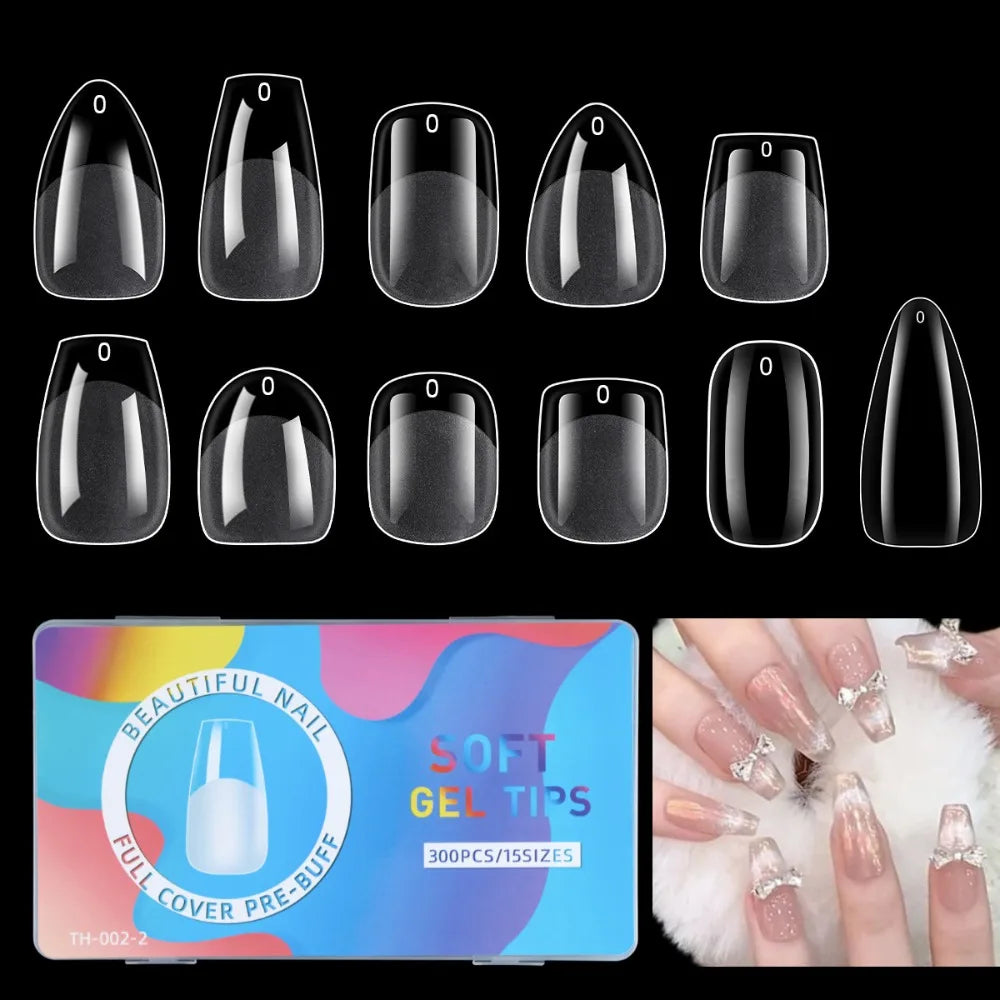 300pcs Short Almond Soft Gel Nail Tips | 15 Sizes Full Cover