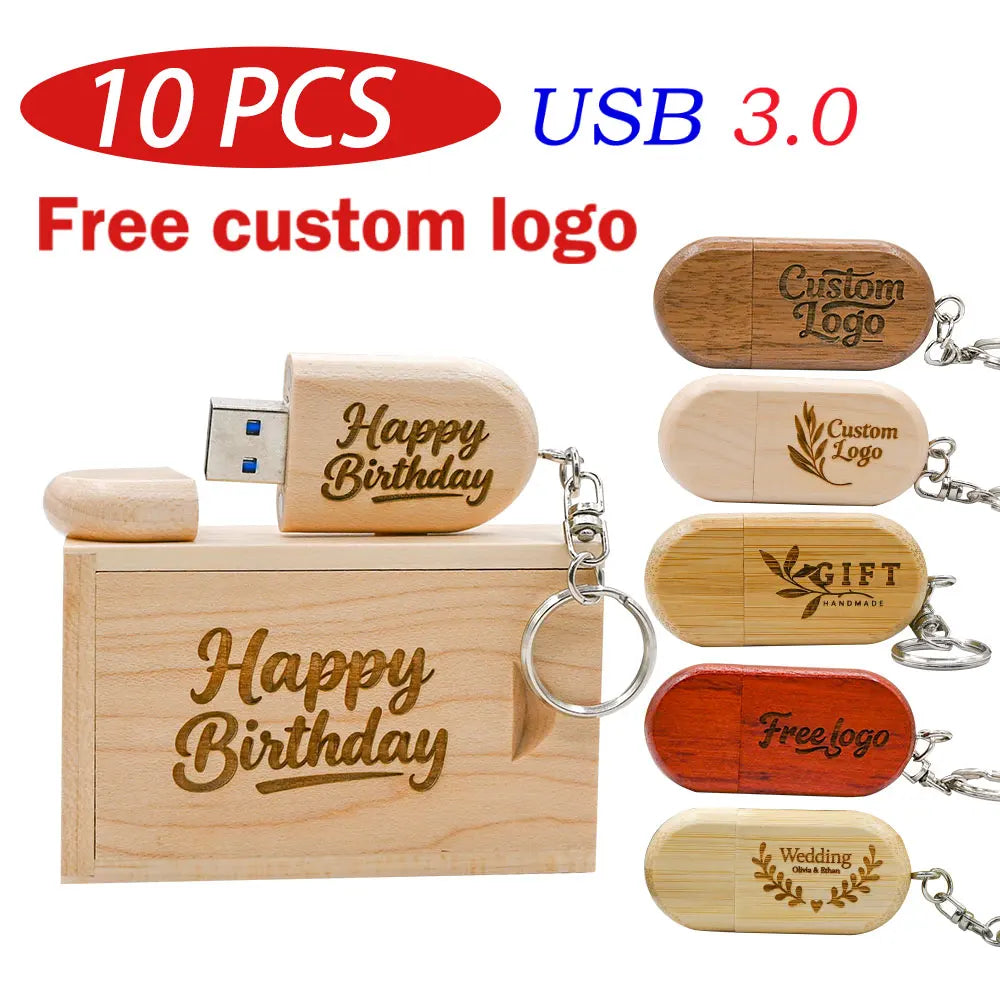 10-Pack Custom Logo Maple Wood USB 3.0 Flash Drives 8–128GB Wooden USB Flash Drive PRIMED