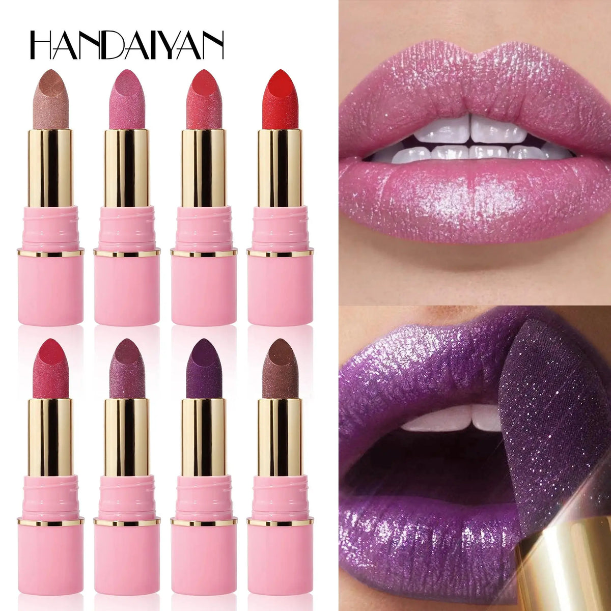 Handaiyan Glitter Diamond Lipstick – 8 Shades Waterproof Glitter Lipstick PRIMED