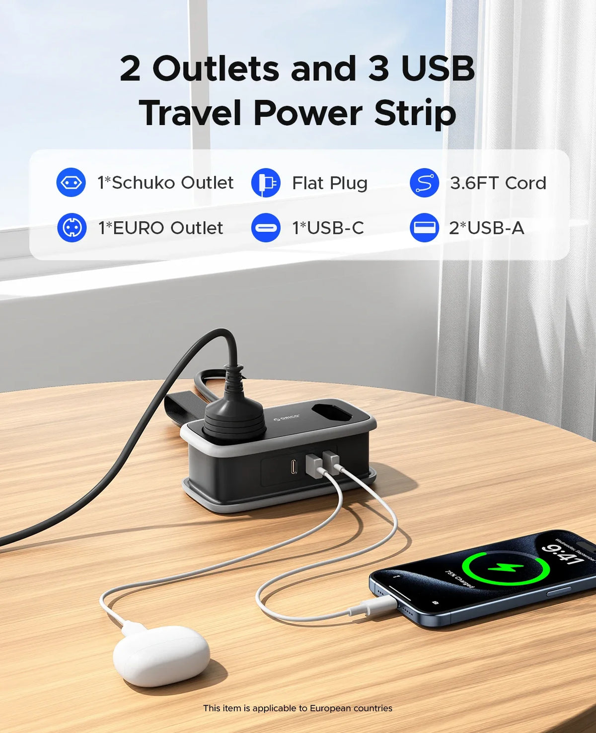 ORICO EU Travel Power Strip 5-in-1 | 2AC 3USB 1.1m Travel Power Strip PRIMED