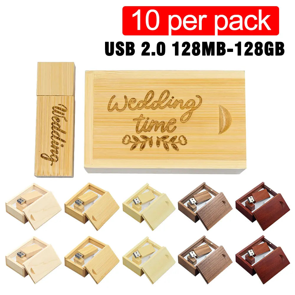 10-Pack Wooden USB Flash Drives Custom Logo 16–128GB Gift Box USB Flash Drive Set PRIMED