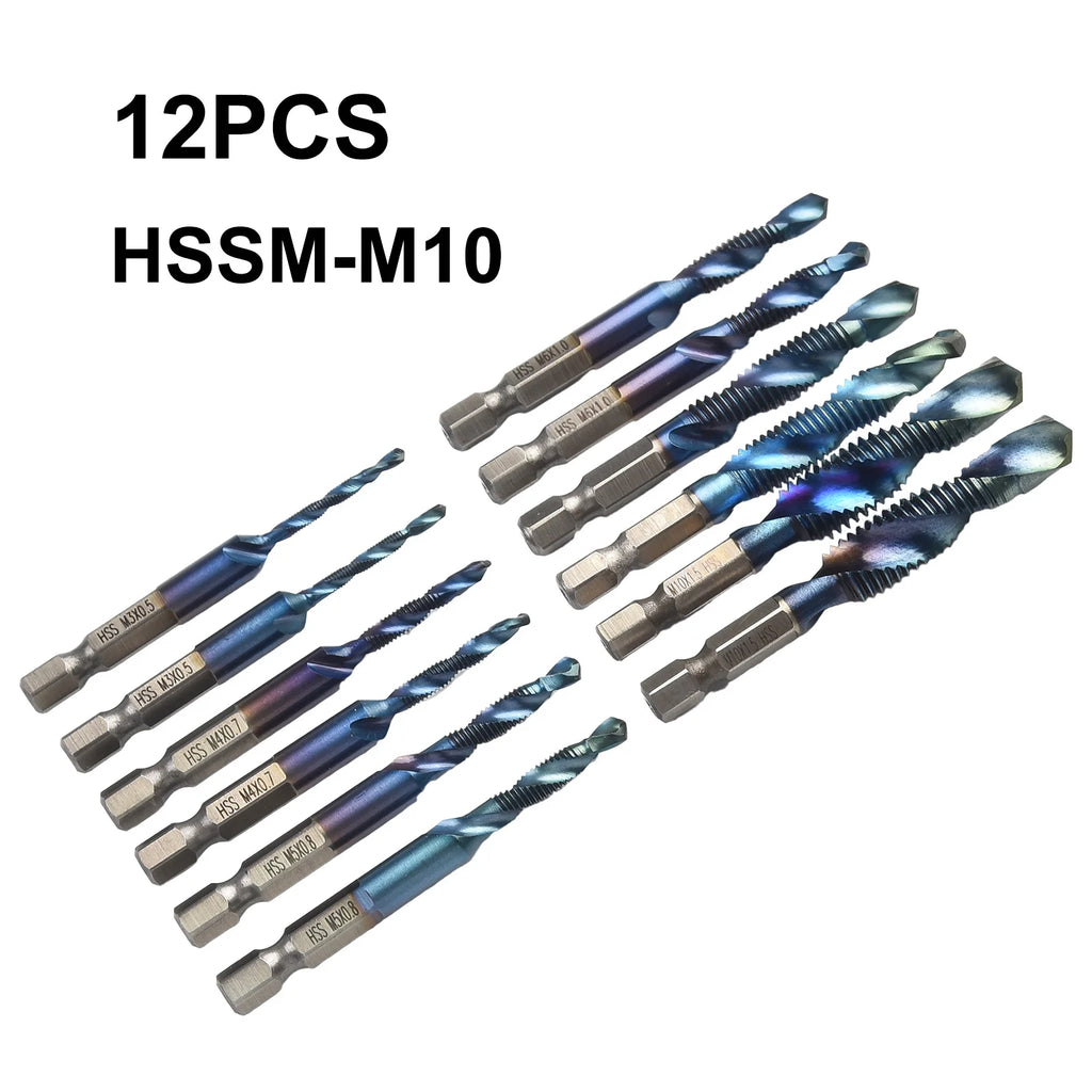 12-Pc HSS Hex Shank Drill & Tap Set M3–M10 Wide Spiral Groove Drill & Tap Set PRIMED