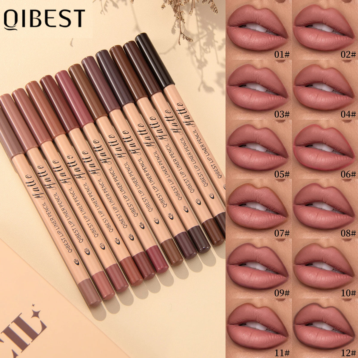 QiBest 12-Color Matte Lip Liner Set – Waterproof Nude Pencils Lip Liner Set PRIMED
