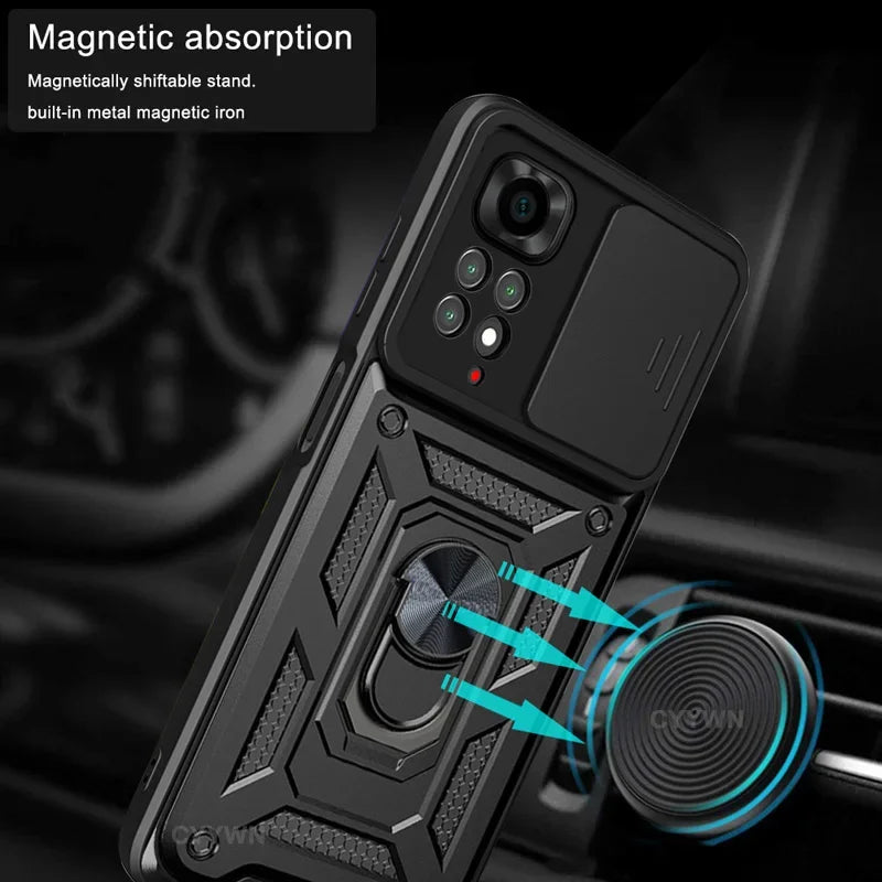 Military Armor Ring Case Redmi Note 11–14 Pro | Lens Cover Military Armor Phone Case PRIMED