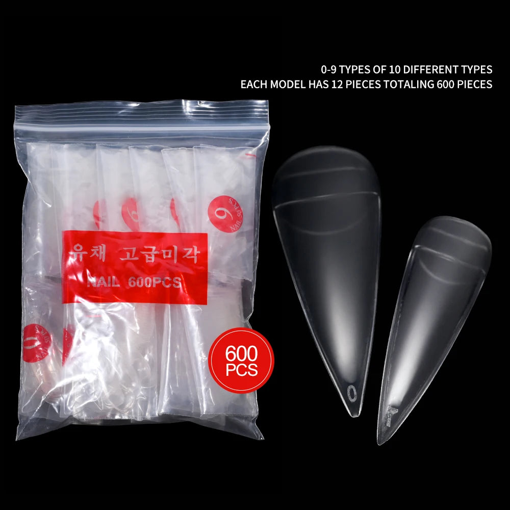 600pcs Stiletto Claw False Nail Tips Clear & Natural | Sizes 0–9