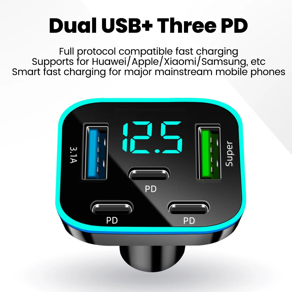 Elough 5-Port 27W USB Car Charger – 2USB+3Type-C Fast Charge