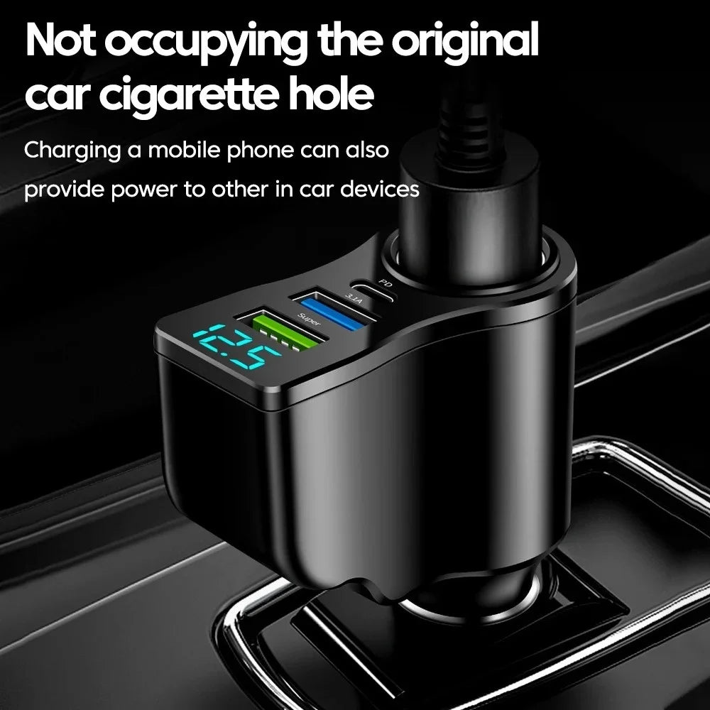 66W 4-Port Car Charger – USB-C PD & Dual USB Fast Charging Car Charger Adapter PRIMED