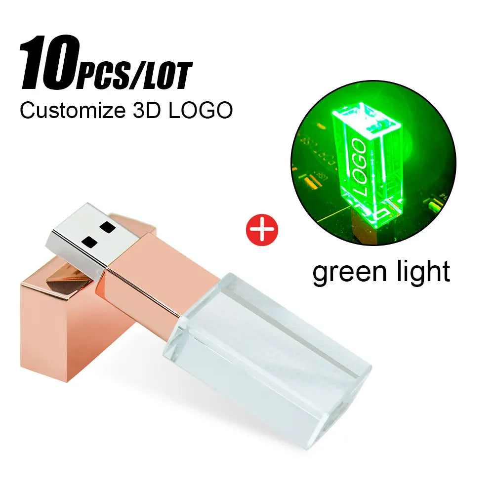 10-Pack Crystal USB 2.0 Flash Drive LED Light 4GB–128GB Logo USB Flash Drive PRIMED 16 GB Rose-Green