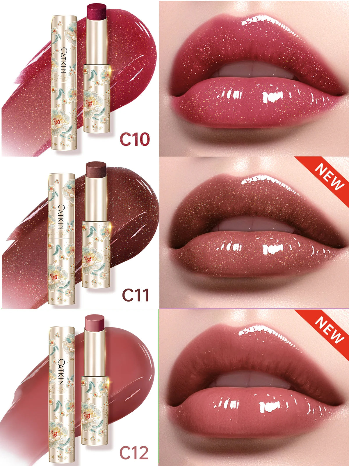 CATKIN 3PCS Glossy Lip Balm Set | Mirror Shine 12H Hydration Lip Balm Set PRIMED C10 C11 C12