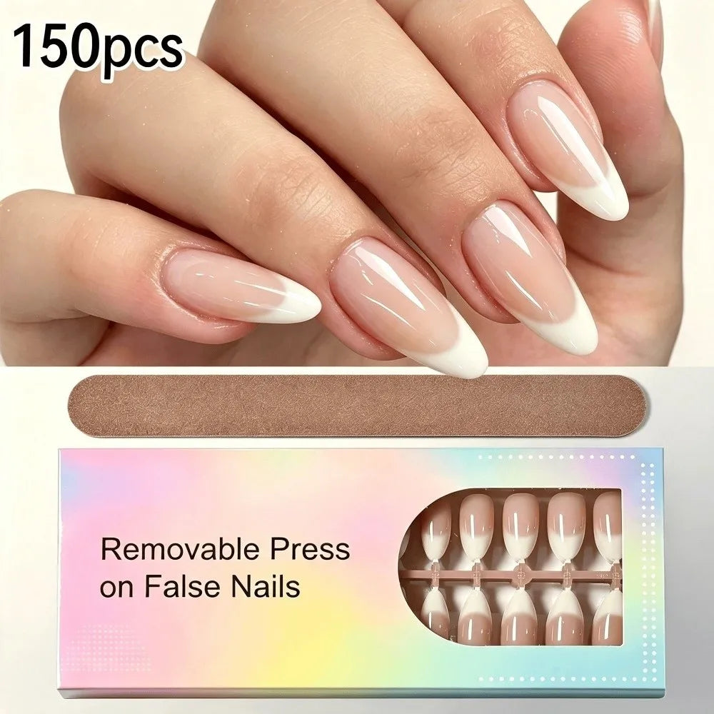 150 Pcs Press On Nails Glossy Almond French Gradient Fake Nails