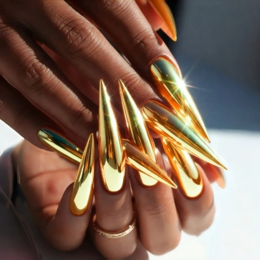 Gold Almond Press-On Nails Mirror Finish Y2K 24pc Set