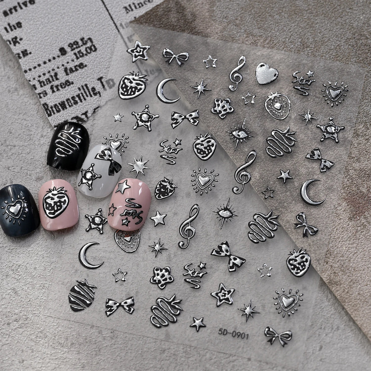 Punk Gothic Nail Art Stickers – Stars, Moon & Strawberry Decals